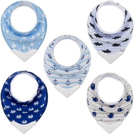 

Giftty Baby Teething Bibs Bandana Bibs with Teether Teething Toy BPA-Free Silicone Teether Cotton Drool Bib with Adjustable Snap for Baby Boys and Girls (Aqua 5-Pack)