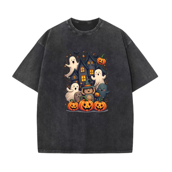 Halloween Cotton Carnival Haunted House Pumpkin Design T Shirt Washed Tees Top Soft Black S-2XL Plus Size