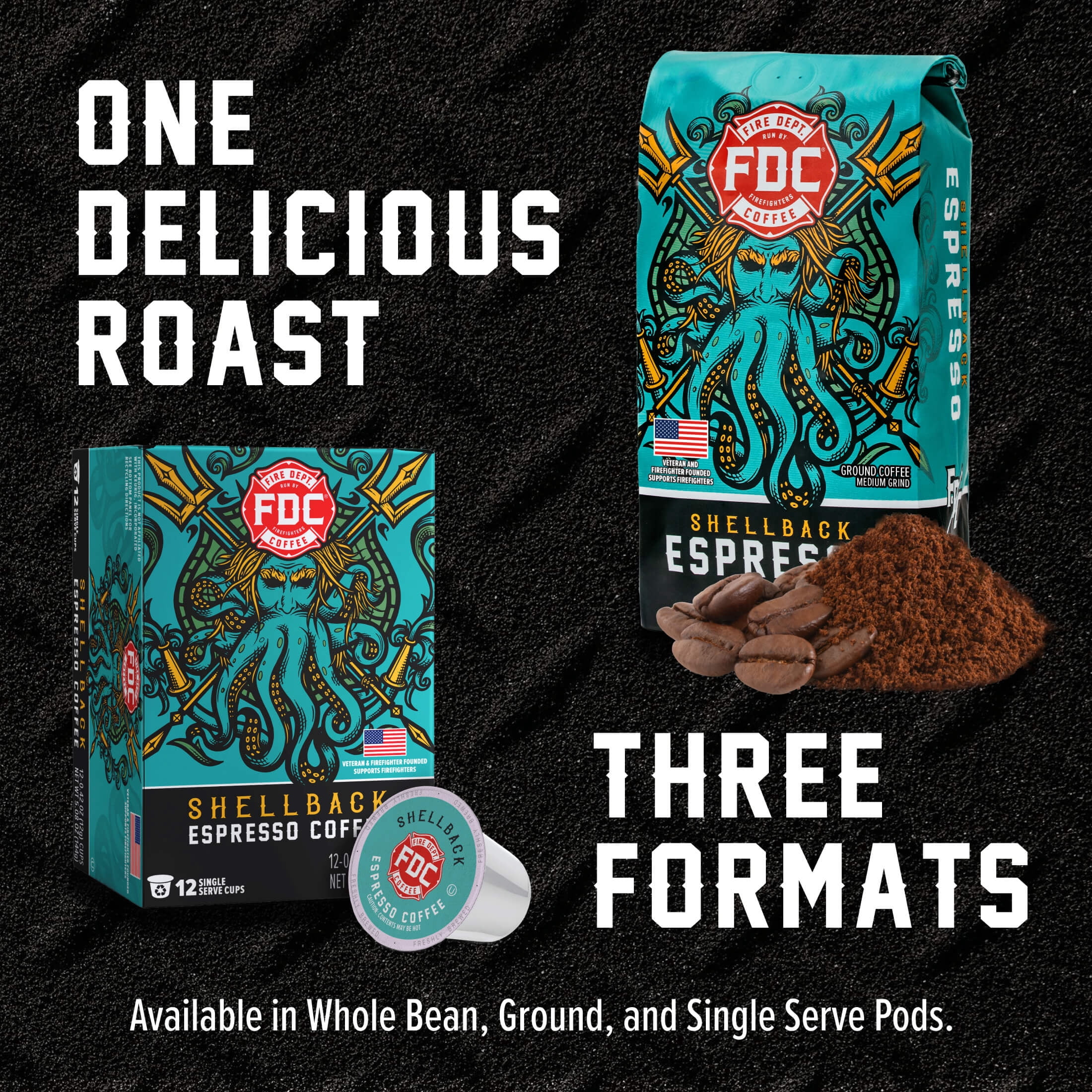 (6 pack) Fire Department Coffee, Shellback Espresso, Premium Ground Coffee, Medium Roast, 12 oz.