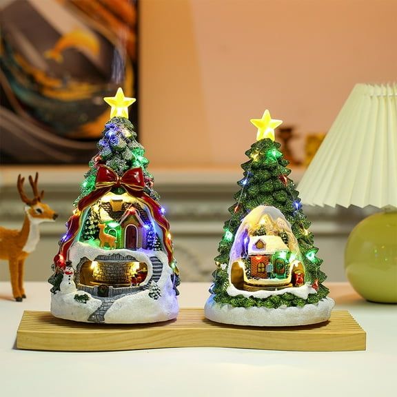 Christmas Collectibles Building Village House Musical Snow Resin Figurines with Music, Christmas Train Come with Xmas Gift