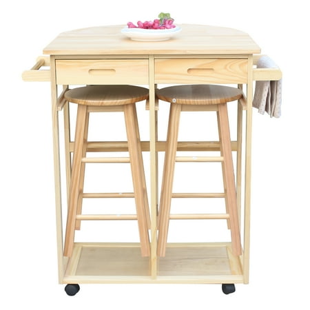 Bar Furniture Nj Kitchen Carts on Wheels, 360 Degree Universal Turn Home Folding Kitchen Cart with 2 Storage Drawers and a Tower Bar, Natural Semicircle Dining Wooden Trolley Storage with 2 Bar Stools, Q1210 ()