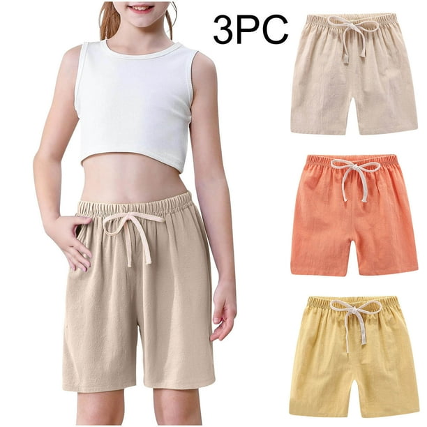 Odeerbi 2-10 Años Niños Niñas 3 Pcs Verano Algodón Lino Pantalones Cortos Entrenamiento Deportivos Cortos Lindo Color Sólido Pantalones Cortos Suaves Respirables
