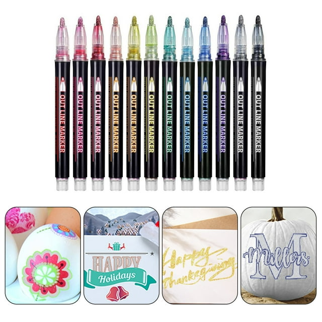 YAOMOBB Fluid Writing Markers Student Outline Planner Set with Glitter Double Line Colors (12 Colors)