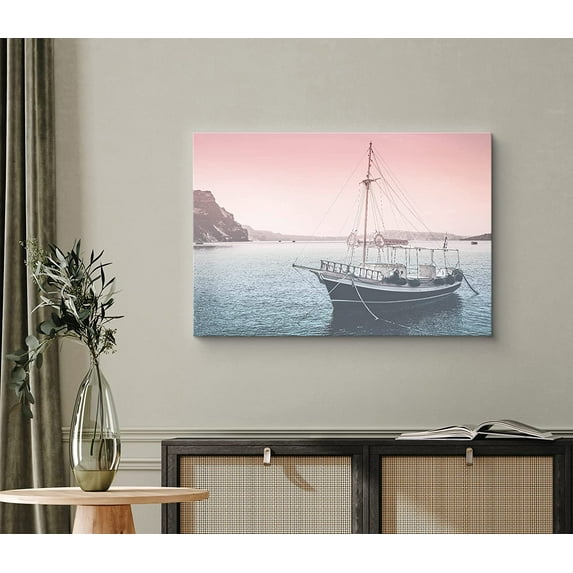 PixonSign Canvas Print Wall Art Film Grain Pink & Teal Boat at Sea Marine Life Ocean Photography Realism Modern Scenic Colorful Multicolor Duotone for Living Room, Bedroom, Office - 24"x36"