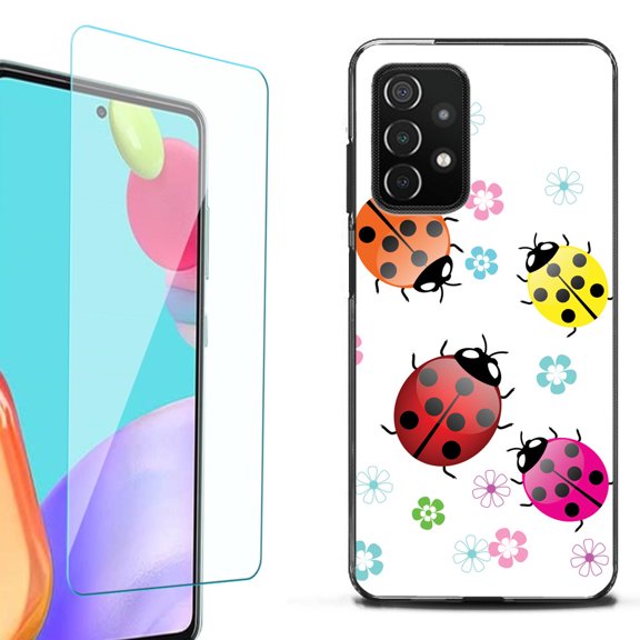 Slim-Fit Flexible TPU Gel Phone Case (black) for Samsung Galaxy A52 5G, with Tempered Glass Screen Protector, by OneToughShield ® - Ladybug