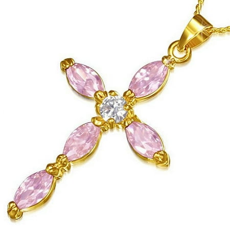 Fashion Alloy Yellow Gold-Tone Religious Cross Pink CZ Pendant Necklace