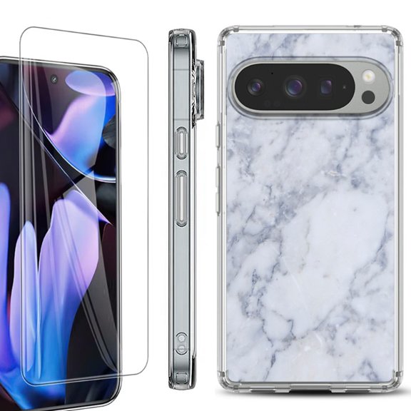 For Google Pixel 9 Pro XL Phone Case Cover, Shockproof Bumper Case with Tempered Glass Screen Protector, by OneToughShield - Marble / Clouds