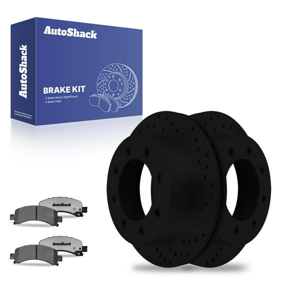AutoShack 12.99" (330 mm) Rear Vented Drilled & Slotted Brake Rotors E-Coated   Ceramic Brake Pads | Replacement for 2003-2005 Chevrolet Express 1500 | Black Finish | 6-PC Brake Kit | NightGuard