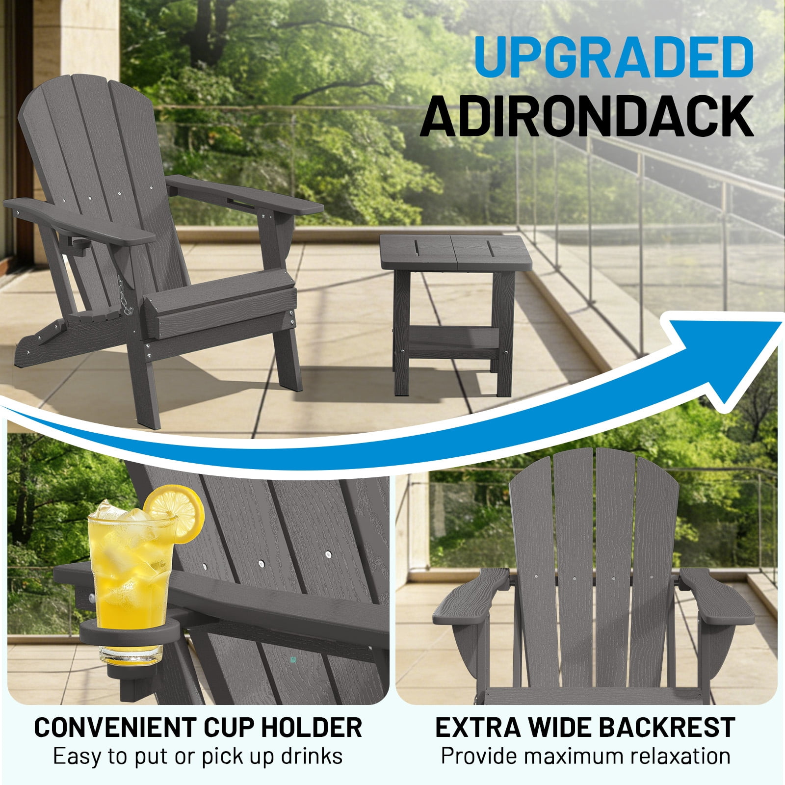 Easthome Adirondack Chair Set of 2, HDPE All-Weather Patio Chairs with Cup Holder & 380lb Capacity, Outdoor Lawn Chairs for Deck, Garden, Poolside, Patio - Gray