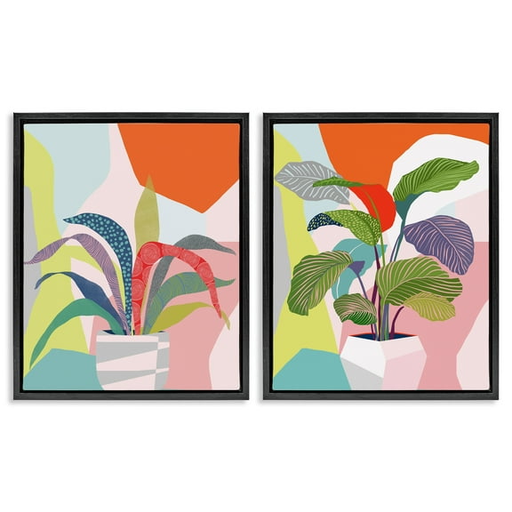 Stupell Industries Lively Patterned Plant Leaves Floral & Botanical Painting Black Floater Framed Canvas Art Print Wall Art, 17 x 21, Set of 2