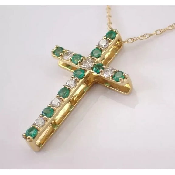 2Ct Round Cut Lab Created Green Emerald Cross Pendant 14K Yellow Gold Plated