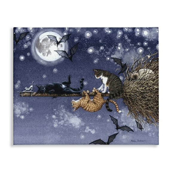 Stupell Industries Joyriding Cats on Broom Holiday Painting Gallery Wrapped Canvas Art Print Wall Art, 20 x 16