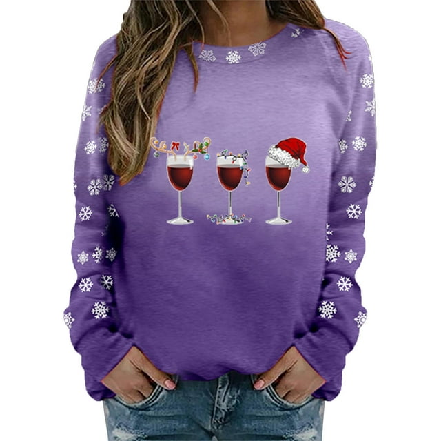 Gibobby Sudaderas Navideñas para Mujeres Sudadera con cuello redondo y estampado de Navidad para mujer, camisas de entrenamiento de manga larga(Morado,CH)