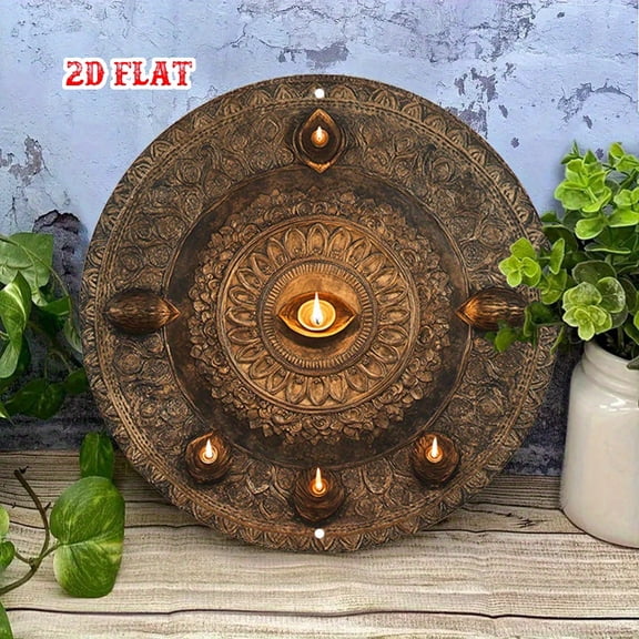 HELLOYOUNG Round Floral Metal Wall Art with Candle Holder, 2D Engraved Brass and Copper Coastal Decor, Frameless Modern Aluminum Wall Decor for Living Room Home