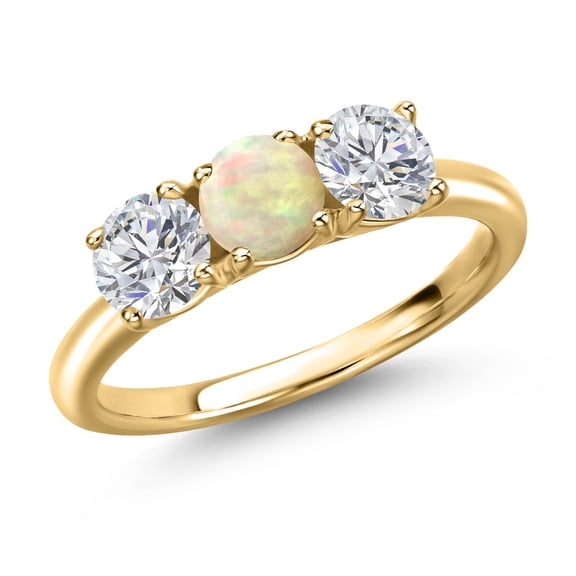 Gem Stone King 18K Yellow Gold Plated Silver White Ethiopian Opal and Lab Grown Diamond Engagement Ring for Women | 1.30 Cttw | Round Cabochon 5MM | Gemstone October Birthstone | Size 9