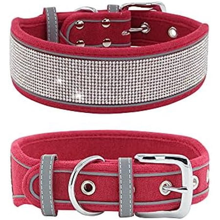 Rhinestone Dog Collar Dazzling Sparkling Soft Suede Reflective Large Dog Collar Crystal Diamond Collar for Medium & Large Dogs (M:15-19 Red)