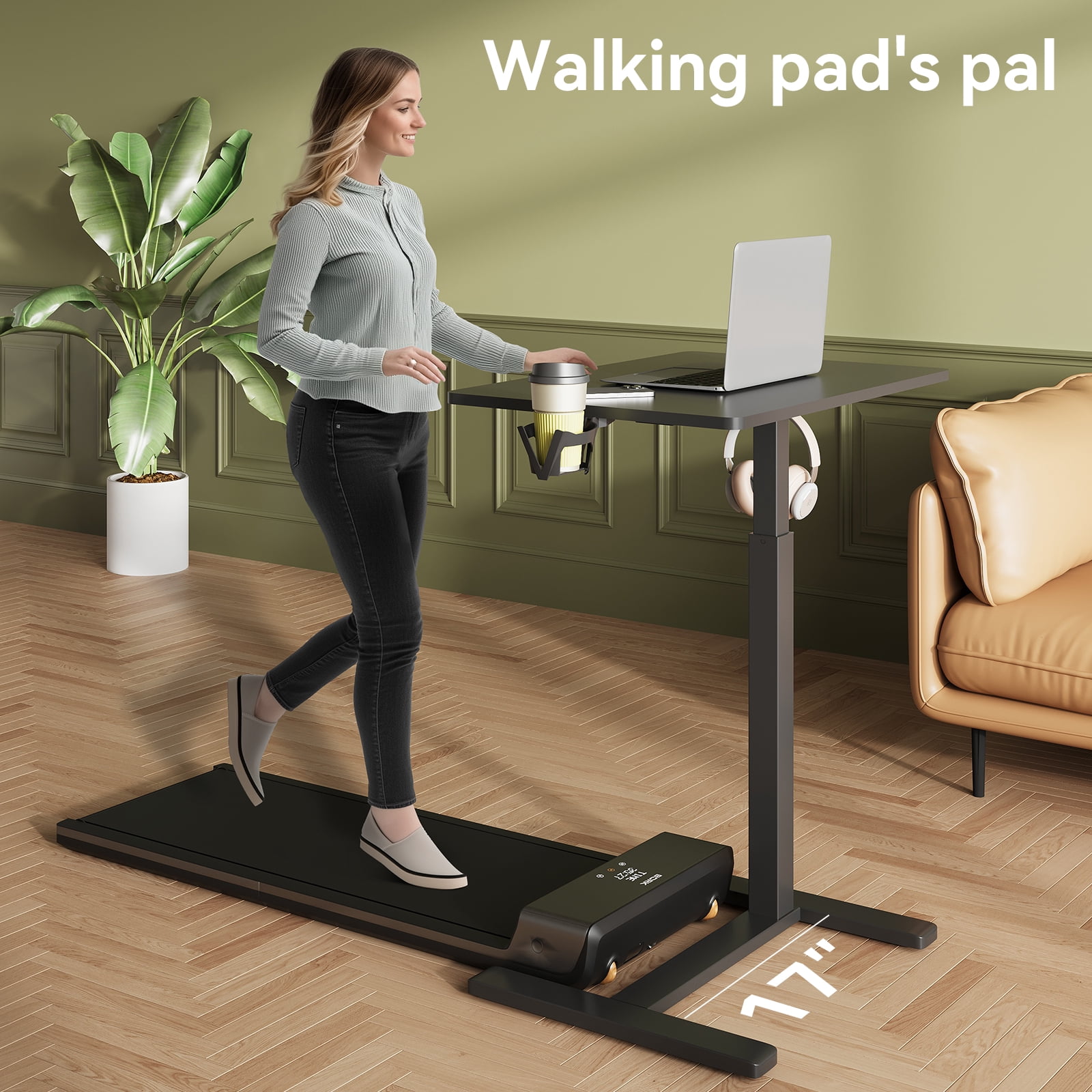 Gas Spring Height Adjustable Mobile Laptop Side Desk 26×19 Inch, Sit-Stand Rolling Table with Cup Holder & Headphone Hook for Bed Sofa Home Office