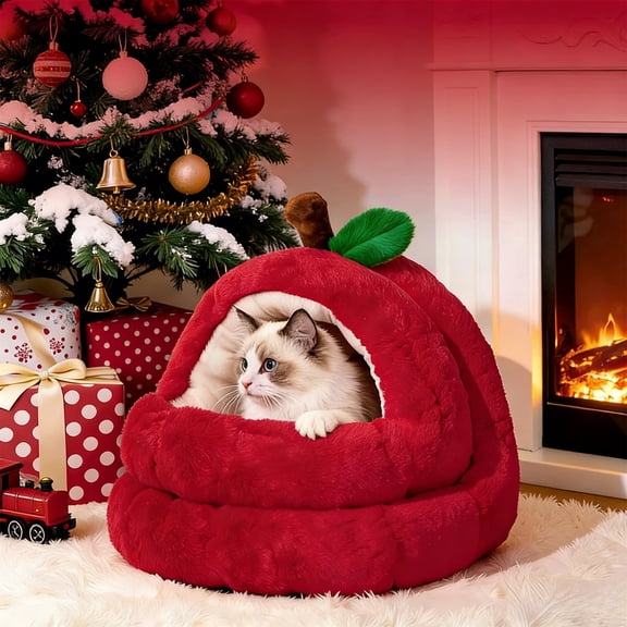 Insulated Cat House Enclosed Villa for Small Pets | Warm Fruit-Shaped Bed with Pad, Thickened Polyester, Red | Cozy Indoor Winter Shelter 37x35x39cm