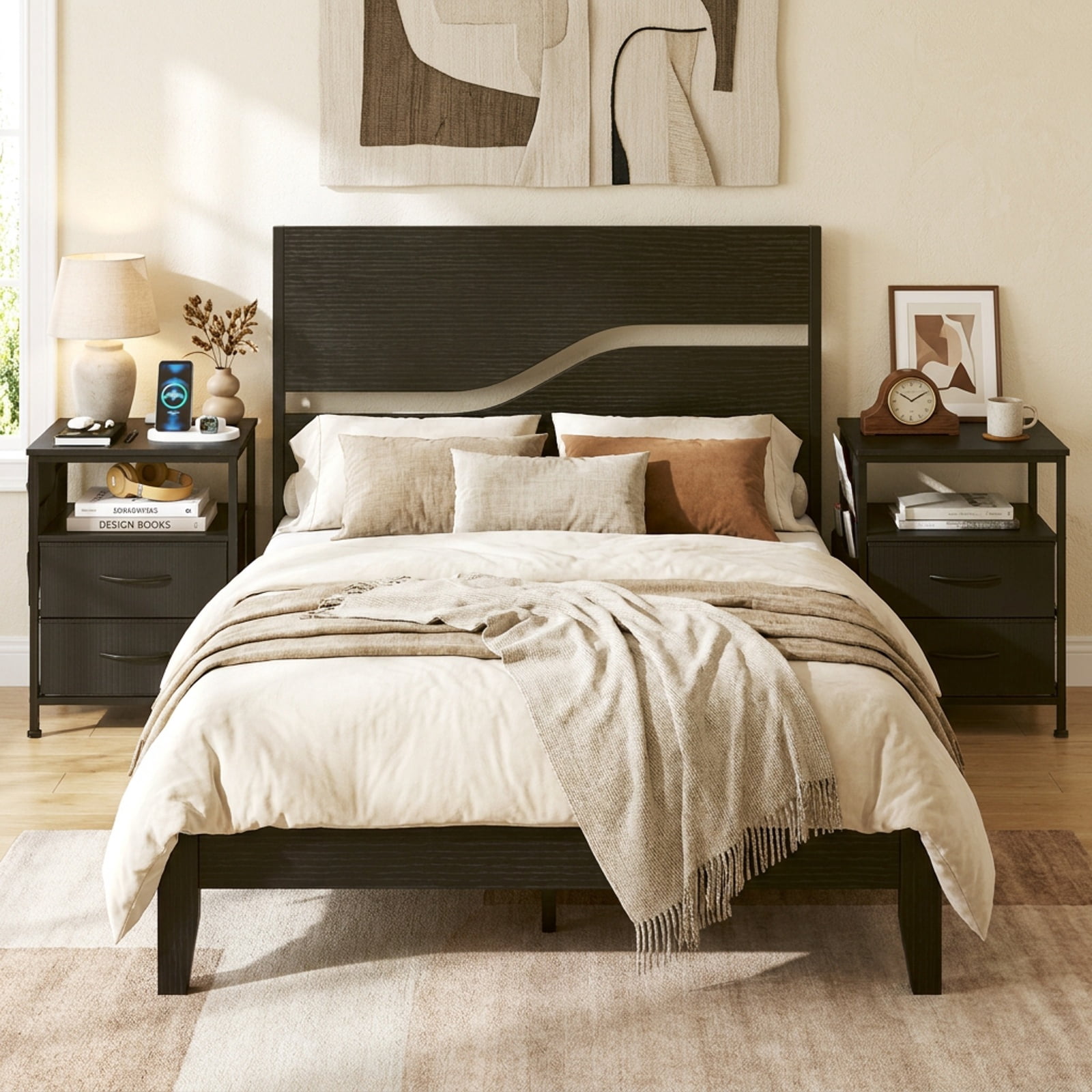 Furnibear Nightstand with Charging Station 27.5 inch Modern Bedside Table with 3 Fabric Drawers for Bedroom Living Room Bedside Sofa Side, Black