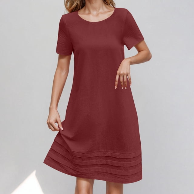 Robes de Plage pour Femmes 2025 Robe d'Été en Coton et Lin à Manches Courtes Col Rond Plissé avec Ourlet Jupe Longue