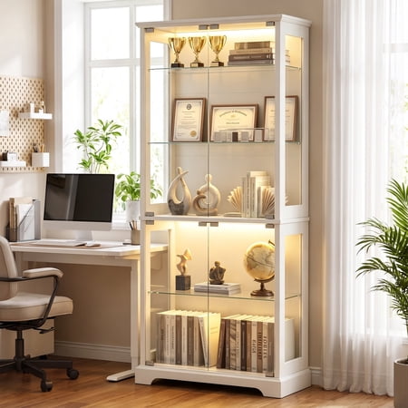 LUXAPA Display Cabinet with Glass Doors, 71" Storage Cabinet with LED Lights, 5-Tier Curio Cabinet & Bookshelf, Modern Collection Display Case for Living Room, Home Office, White