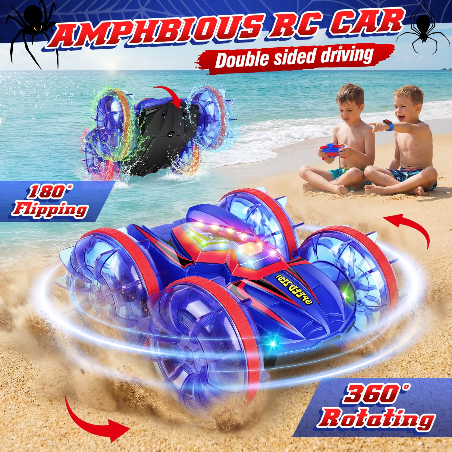 Carsky Amphibious RC Stunt Car for Kids, 2.4G Spider-Style Remote Control Car with Gesture Watch, Double-Sided Driving, LED Lights, Waterproof All-Terrain Toy Gift for Boys & Girls