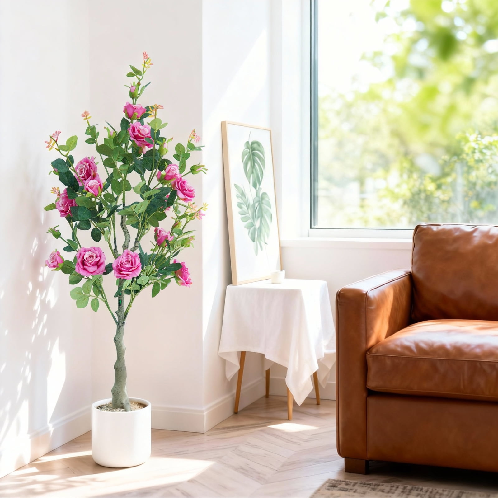 Lifelike & UV Resistant Artificial Rose Tree – 120cm Faux Plant with Silk Flowers & Plastic Leaves, White Pot, Easy Maintenance, Nordic Home/Office Décor
