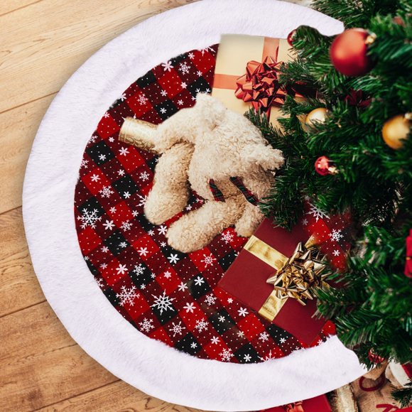 PEONAVET Christmas Tree Skirt Christmas Tree Skirt Carpet Snowflake Red Plaid Mat for Home Xmas Tree Year Decor Noel Apron Ornament