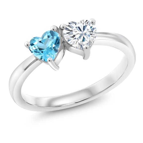 Gem Stone King 925 Sterling Silver Fashion Right-Hand Ring Set with Heart Shape Swiss Blue Topaz and Moissanite (1.05 Cttw, Size 5)