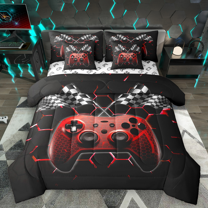 Manfei Red Game Console Bedding Comforter Set 7pcs for Boys, Black White Racing Flag King Bedding Sets, Gamer Gamepad Bed Sheets, Ultra Soft Home Decor