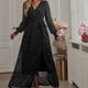 thumbnail image 5 of Vestido de mujer con lunares y lentejuelas, vestido de noche largo elegante sexy con escote en V, manga larga, cintura alta, abertura, vestido maxi con cinturón, 5 of 7