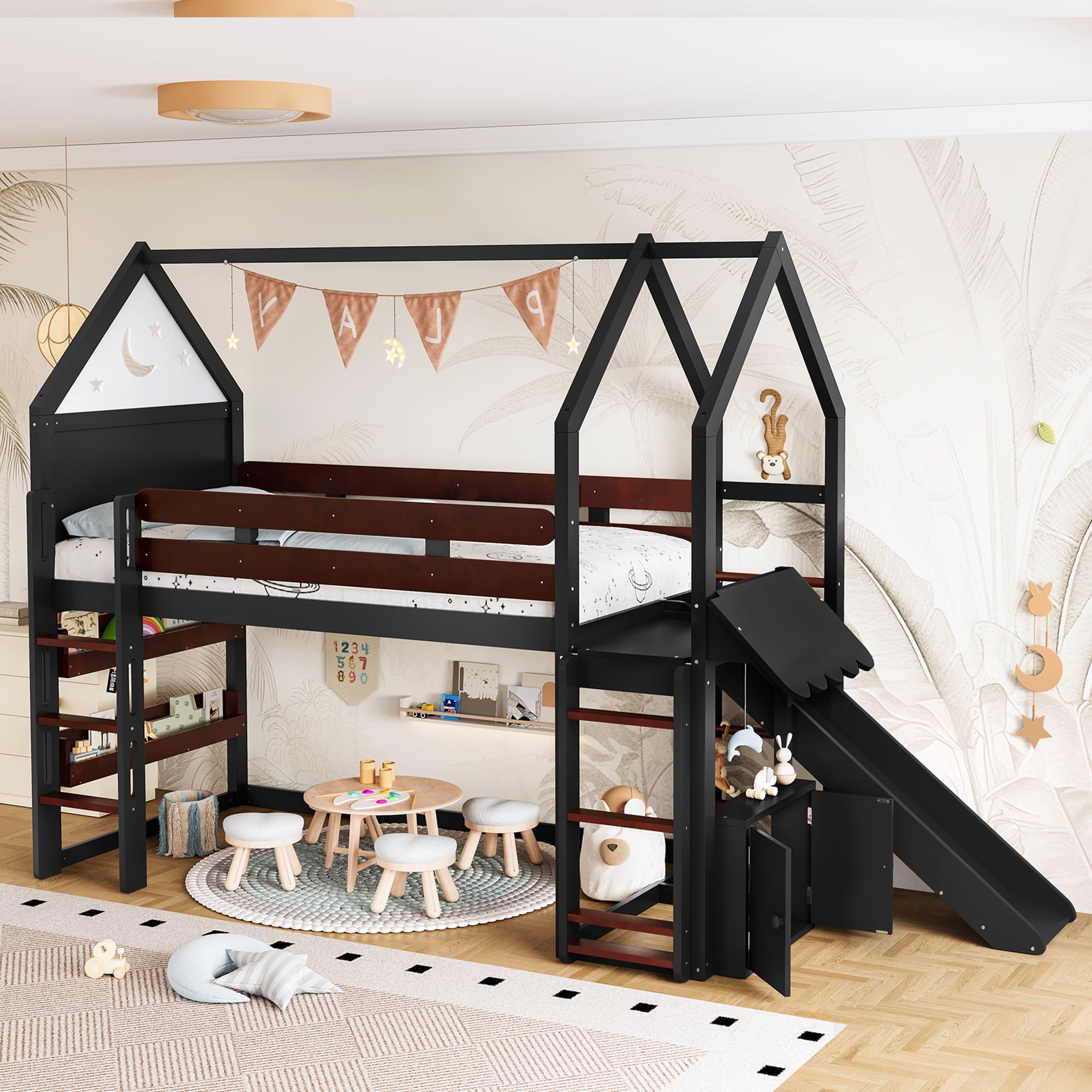 Yoneston Twin House Shaped Loft Bed with Slide & Bookshelf, Starry Moon Platform House Bed with Stairs, Roof & Guardrails for Kids Teens Bedroom, Beige