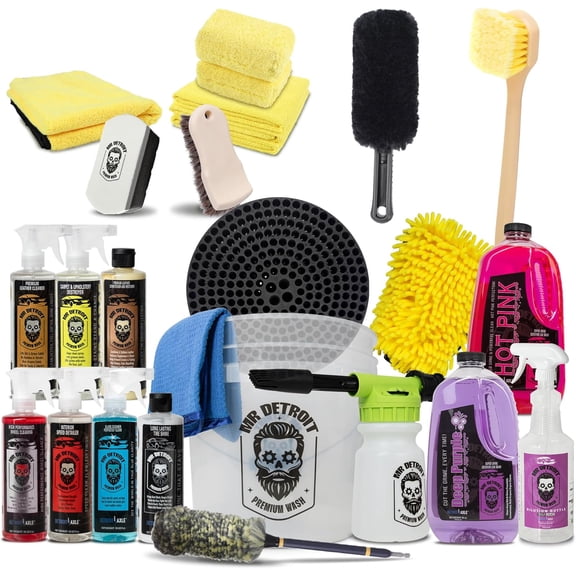 Mr. Detroit - 23pc Car Wash Kit with Foam Blaster, Bucket & Filter, Car Care Cleaners, Leather Conditioner, Towels, Wash Glove, Brushes, Sponge Pads, Exterior and Interior Detailing for Vehicles