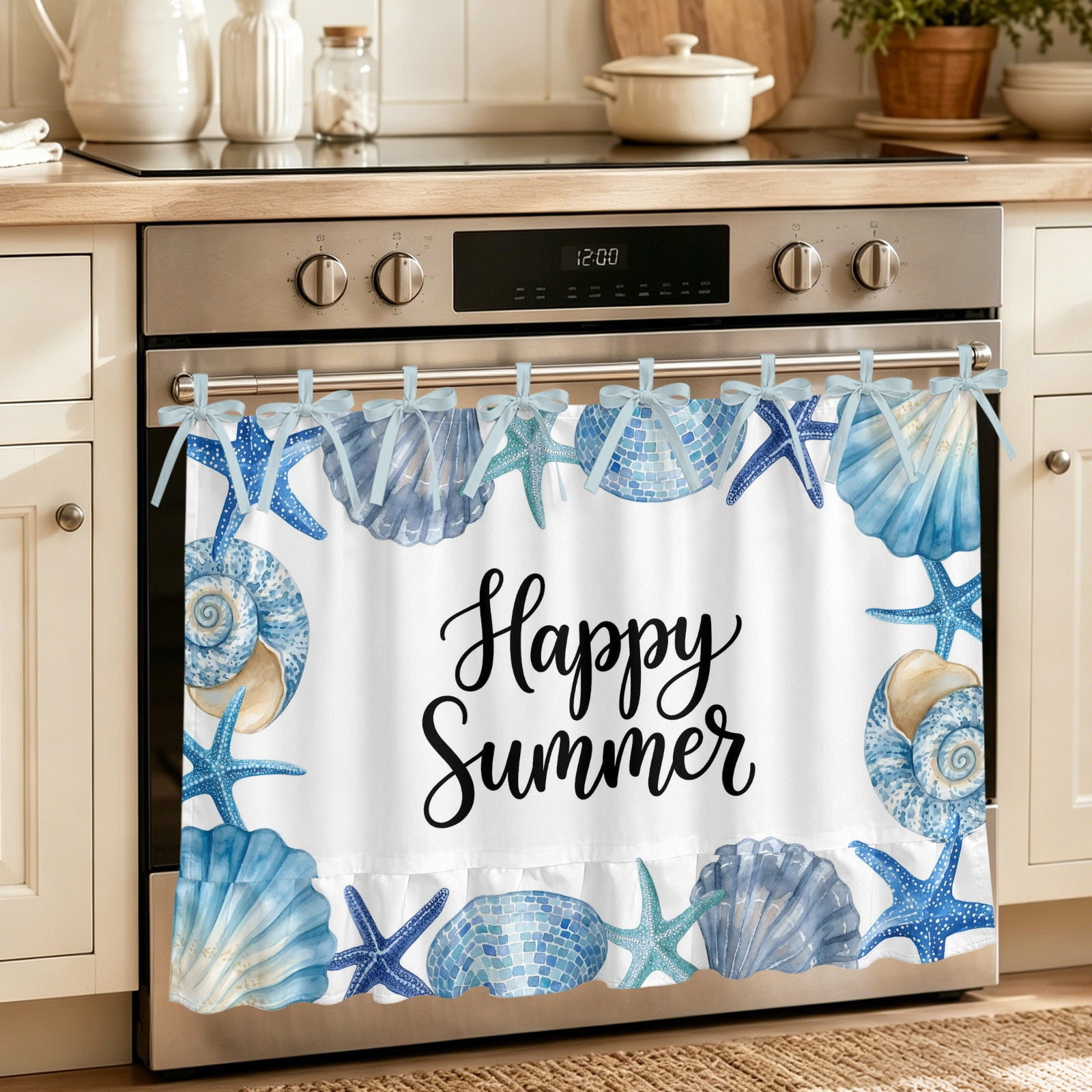 Blue Ocean Shells Conch Oven Skirt for Farmhouse Kitchen D&eacute;cor Nautical Coastal Starfish Summer Oven Curtain Tie Top Decorative Stove Skirt Cabinet Dish Washer Curtains with 8 Ribbon Ties 32 x24
