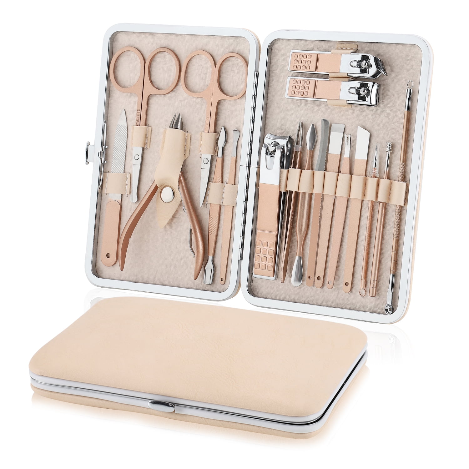 Manicure Set Nail Clippers Pedicure Kit, Professional Stainless Steel Personal Grooming Kit, 18 in 1 Nail Care Tools with Luxurious Leather Travel Case for men and women