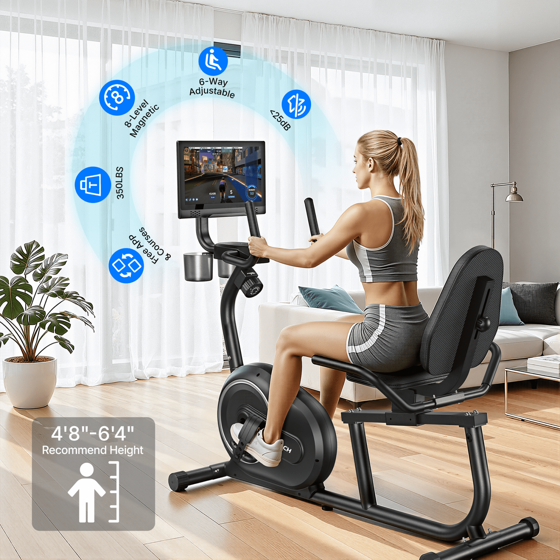 MERACH Recumbent Exercise Bike with Screen, Magnetic Resistance, Bluetooth APP, Adjustable Seat & Backrest, 350 LBS Capacity, Indoor Stationary Bike for Seniors & Home Cardio