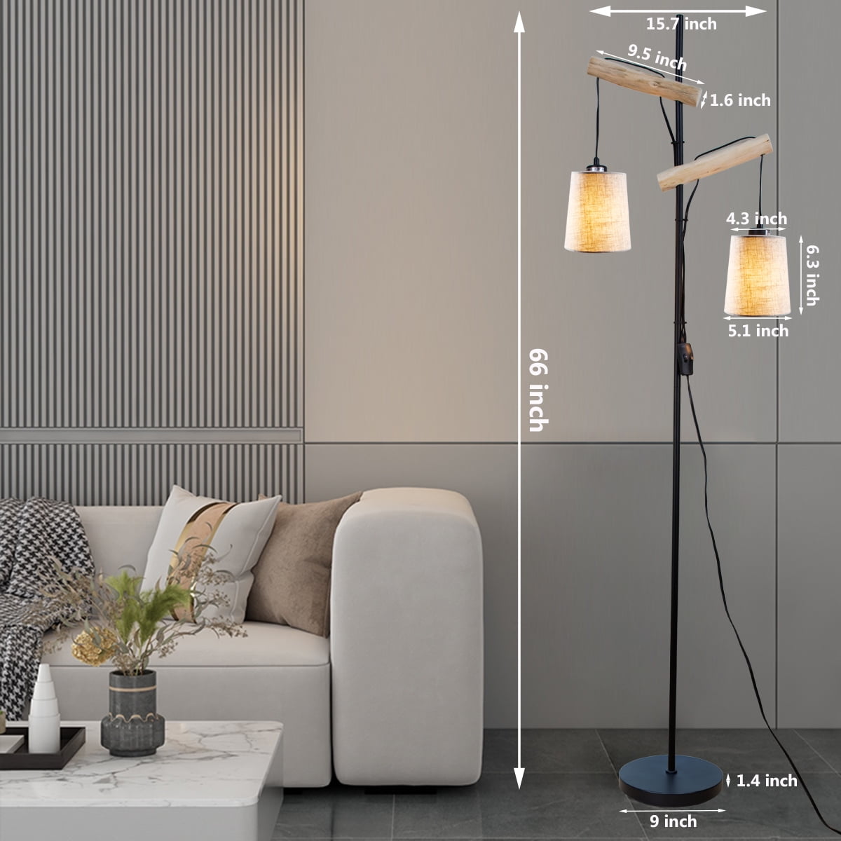 Hanging 2 Lights Floor Lamp Rustic Farmhouse Tall Standing Lamps with Double Fabric Lampshade Floor Lamps for Living Room Bedroom Office Home Lighting Decor.
