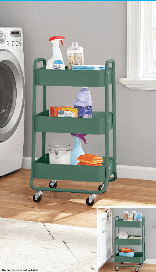 Mainstays 3 Tier Metal Utility Cart, Green Sage, Easy Rolling, Adult and Child