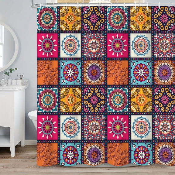 MIZHONA Mandala Bohemian Shower Curtain Boho Paisley Plaid Fabric Bathroom Curtain 72x72 in