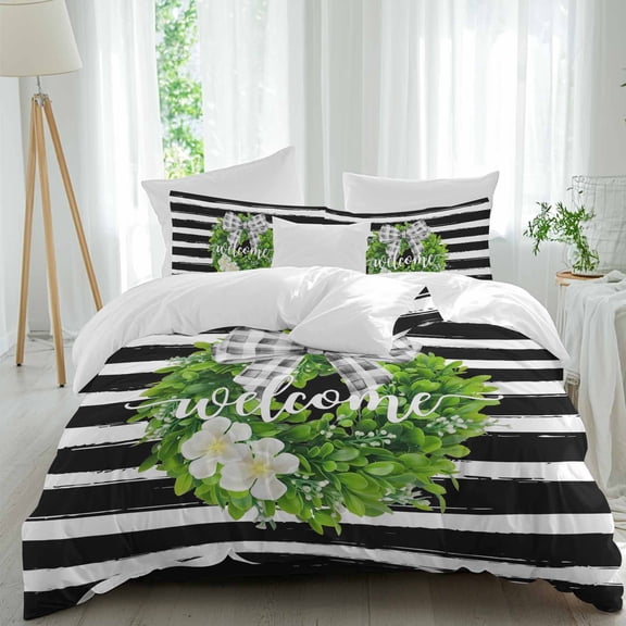 Welcome 4 Piece Duvet Cover Set Full Size Spring Country Farm Green Boxwood Flowers Wreath Black Stripes Soft Bedding Set Comforter Cover, 1 Duvet Cover 1 Flat Sheets and 2 Pillowcases