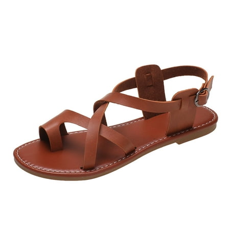 

ZTTD Ladies Fashion Summer Solid Color Leather Cover Toe Buckle Flat Sandals Brown