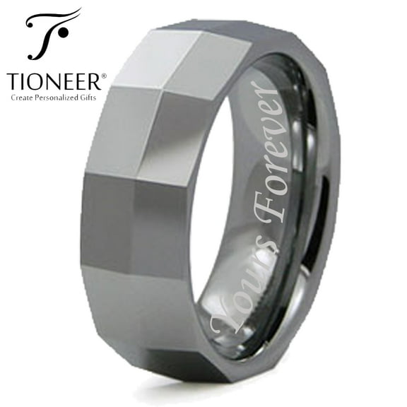 Tioneer Tungsten Carbide High Polished Faceted Design Wedding Band Ring Mens Womens 8MM Yours Forever Engraved