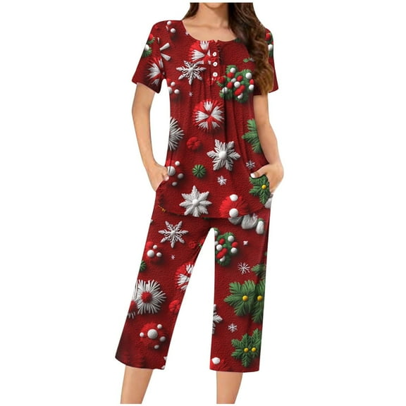 Tnhcen Women's 2-Piece Christmas Snowflake Print Pajamas Set Short Sleeve Round Neck Capri Pants with Pockets Soft Festive Nightwear S-3XL