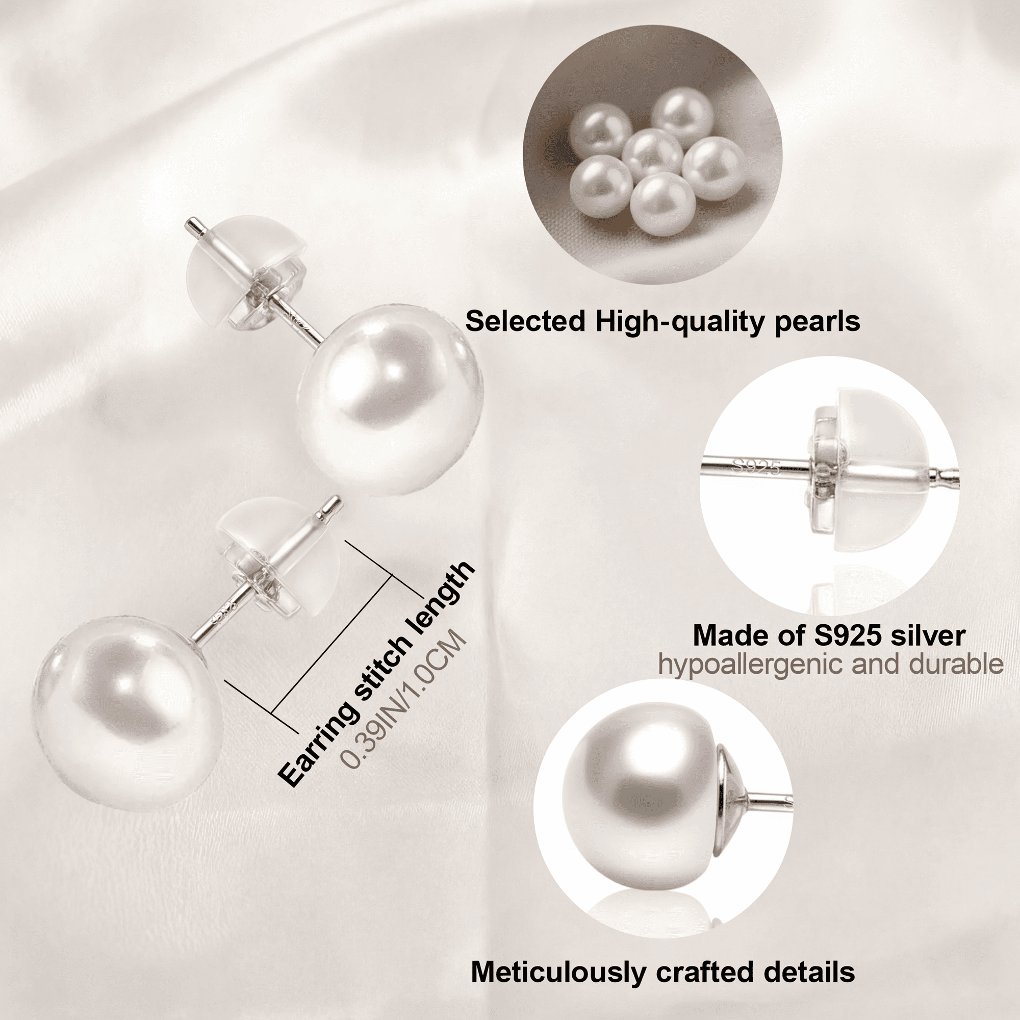 BAMIKI 6-7mm White Button Freshwater Cultured Pearl Stud Earrings S925 Sterling Silver for Women Valentine's Day Gift