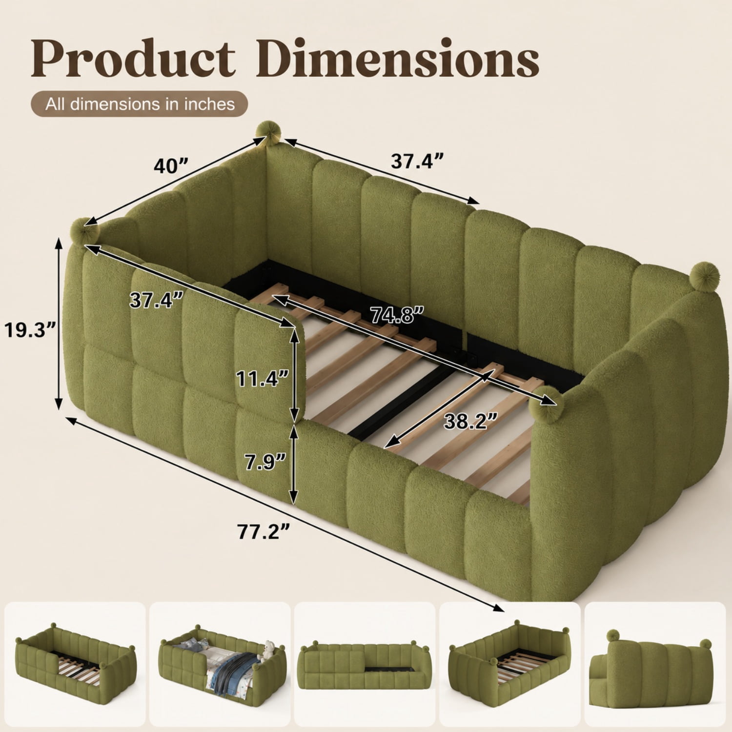 Miniyam Twin Size Kids Floor Bed with Soft Upholstered Guardrails, Low-to-Ground Montessori Bed Frame, Green