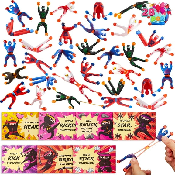 Joyfy 28 Packs Valentine Cards for Kids Classroom,Sticky Wall Climbing Men Ninja with Gifts Cards Set,Kids Valentines Exchange Cards for School,Stress Relief Toys for Kids Party Favor