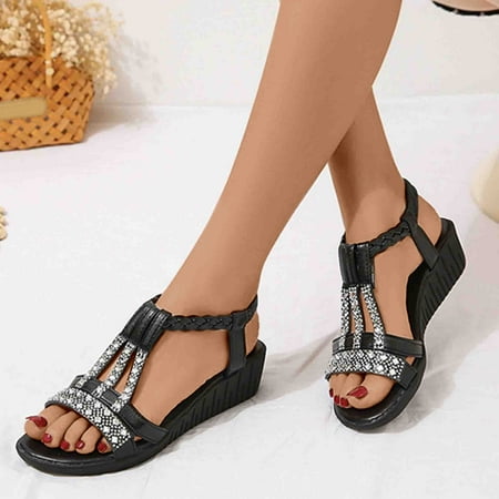 

Vintage Boho Sandals Beach Holiday Shoes Gnobogi Sandals for Women Dressy Summer Women s Fish-mouth Slip-on Slope Heel Shoes Casual Bohemian Rhinestone Roman Sandals Black