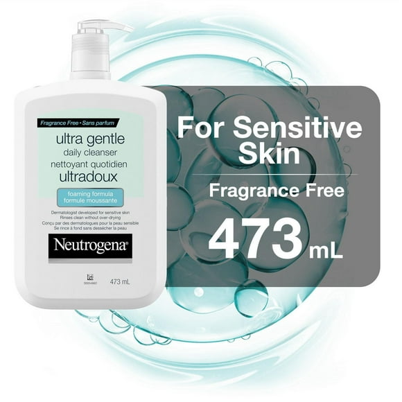 Neutrogena Ultra Gentle Foaming Facial Cleanser, Foaming Face Wash for Sensitive Skin, Gently Cleanses Away Dirt, Oil & Makeup Without Over Drying, Fragrance-Free, 473 mL