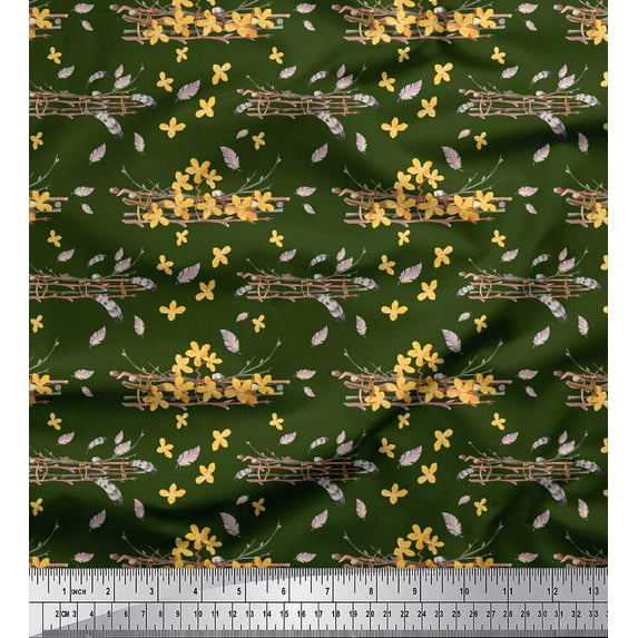 Soimoi Green polyester Crepe Fabric Feather & Floral Print Sewing Fabric Yard 42 Inch Wide