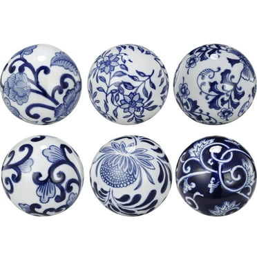 Maykoosh Antique Accents Flashy Ceramic Decorative Orbs, Blue And White, Set Of 6